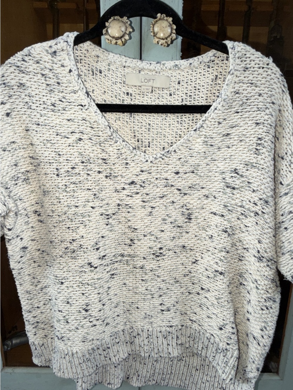 LOFT Cream Speckled V-Neck Sweater